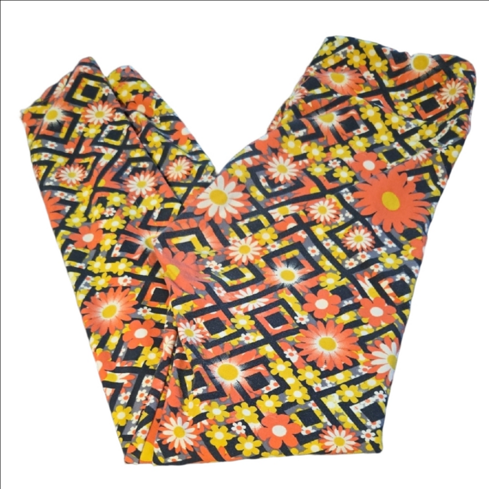 LuLaRoe One Size Floral Geometric Leggings Orange Yellow Black